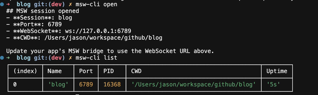 msw-cli open and list output